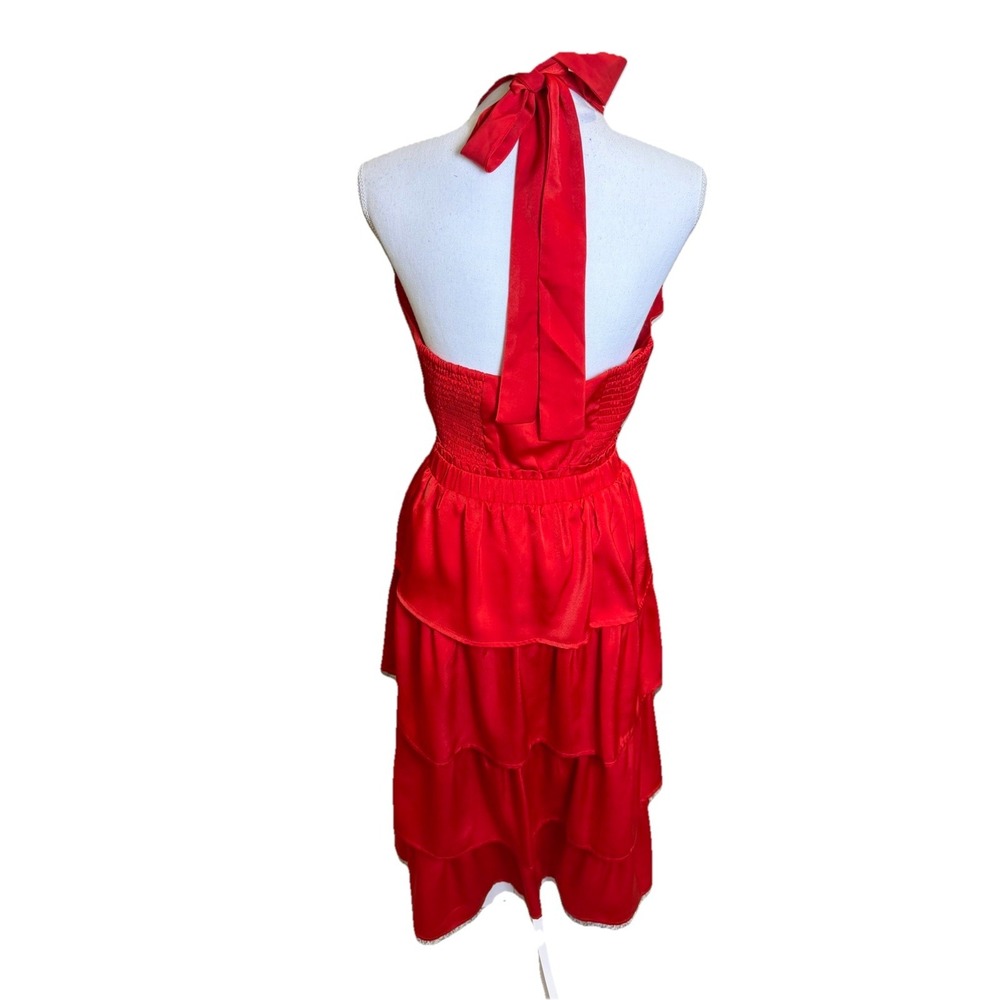 Adelyn Rae Eleanor Halter Tiered Midi Dress Crimson Red Ruffle Wedding Sz Small - Picture 4 of 7